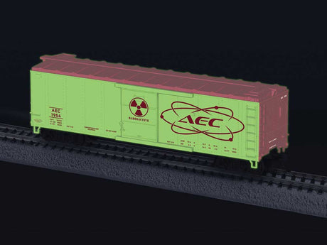 40' Steel Flat-End Boxcar with Sound - Ready to Run -- Atomic Energy Commission #1954 (cream, red, Glow in the Dark)-2
