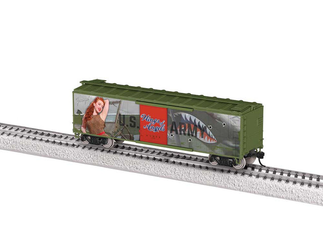 40' Steel Flat-End Boxcar - Ready to Run -- Wings Of Angels Jessamyne Rose (olive, Pin-Up Girl Art)-1