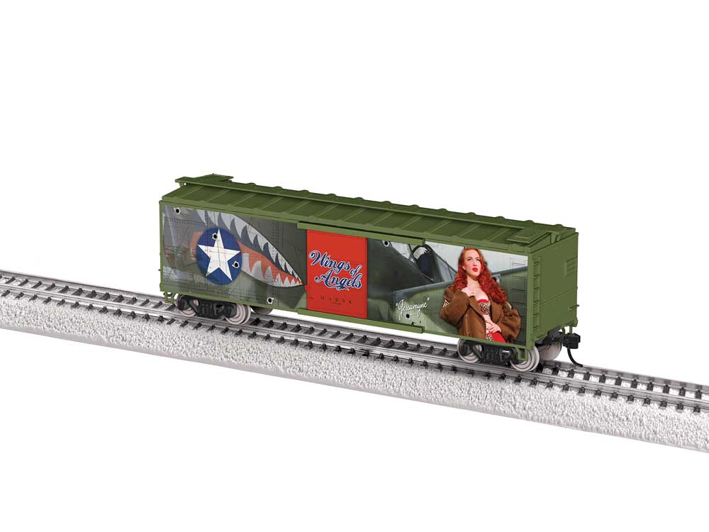 40' Steel Flat-End Boxcar - Ready to Run -- Wings Of Angels Jessamyne Rose (olive, Pin-Up Girl Art)-2
