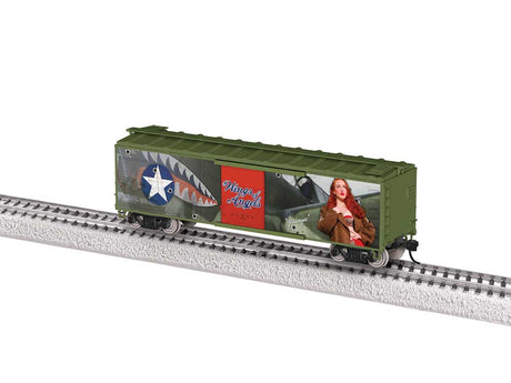 40' Steel Flat-End Boxcar - Ready to Run -- Wings Of Angels Jessamyne Rose (olive, Pin-Up Girl Art)-2