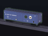 40' Steel Flat-End Boxcar with Sound - Ready to Run -- U.S. Department of Energy IDOX #1977 (blue, white, Glow in the Dark)-2