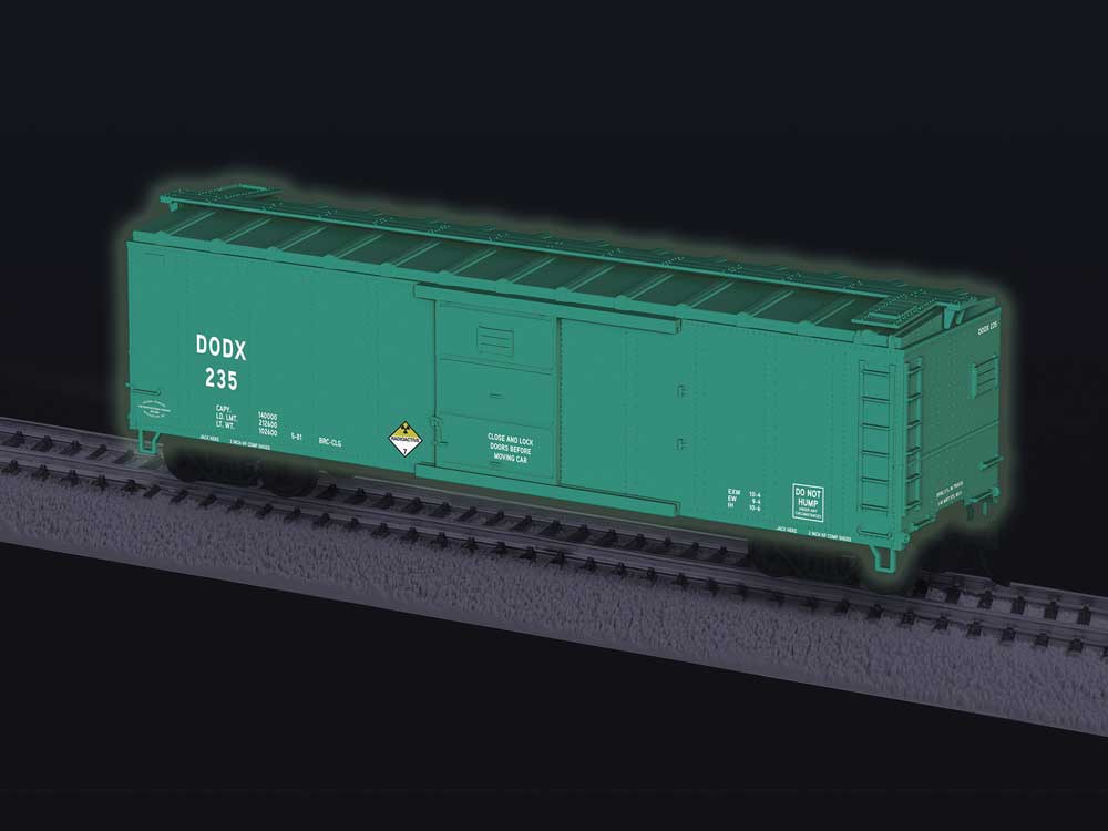 40' Steel Flat-End Boxcar with Sound - Ready to Run -- Department of Defense DODX #1977 (green, Glow in the Dark)-2