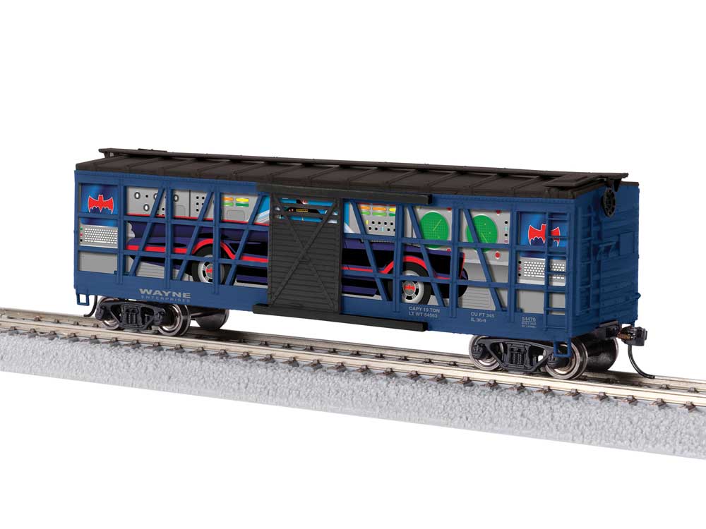 40' Clear-Side Boxcar - Ready to Run -- Wayne Enterprises (DC Comics 90th Anniversary, blue, black)