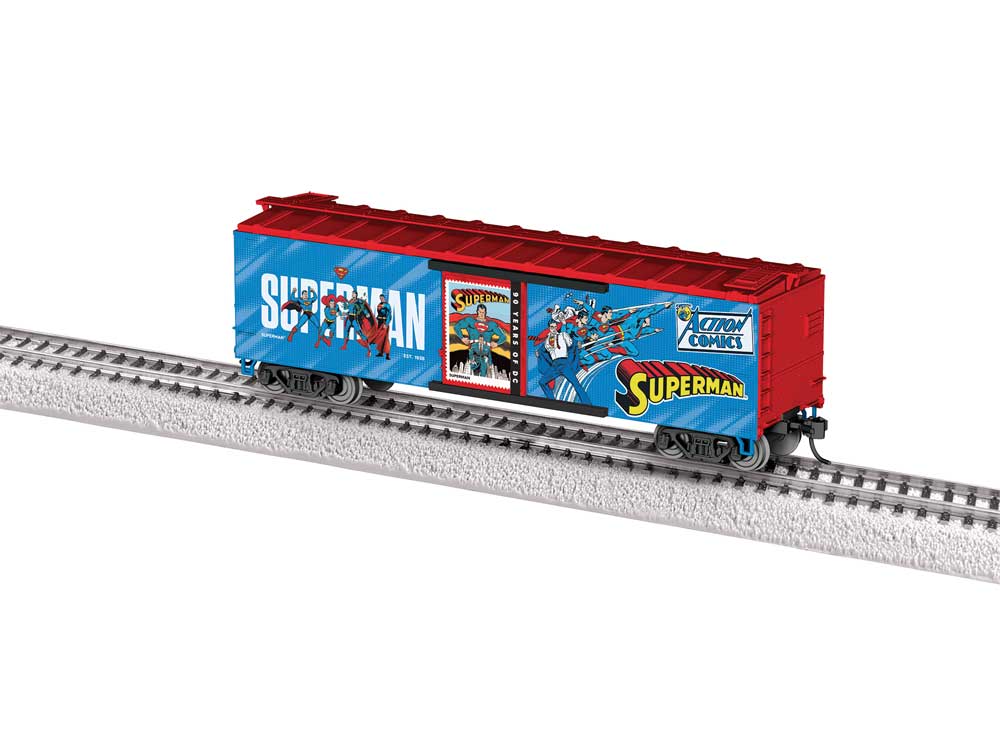 40' Steel Flat-End Boxcar - Ready to Run -- Superman (DC Comics 90th Anniversary, blue, red)