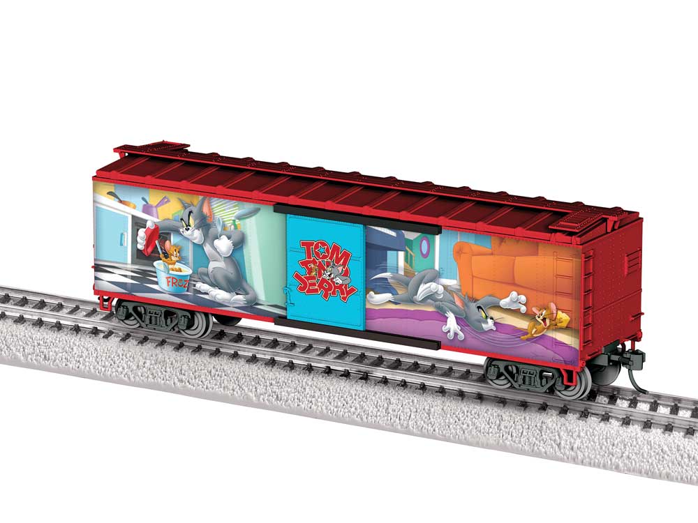 40' Steel Flat-End Boxcar - Ready to Run -- Tom & Jerry (red with Cartoon Scenes)-1