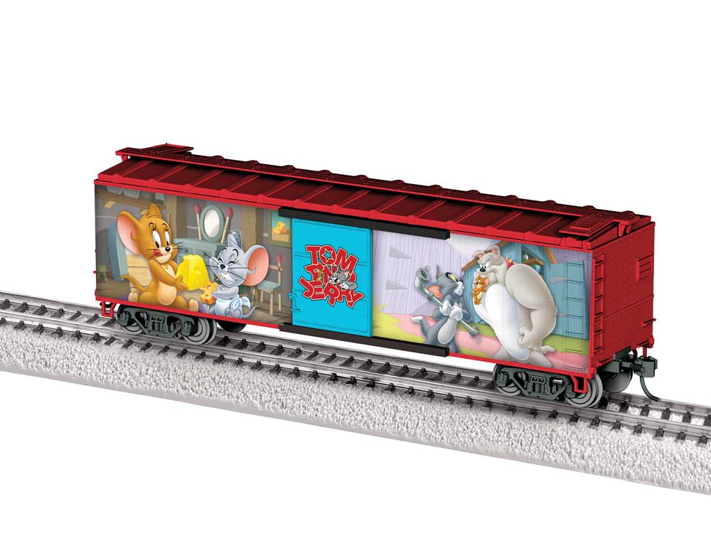 40' Steel Flat-End Boxcar - Ready to Run -- Tom & Jerry (red with Cartoon Scenes)-2
