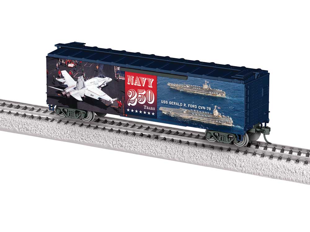 40' Steel Flat-End Boxcar - Ready to Run -- US Navy (250th Anniversary Commemorative, blue, red, Scene Art)-2