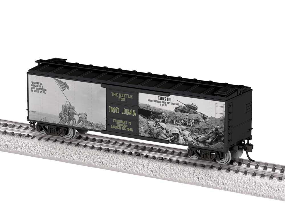40' Steel Flat-End Boxcar - Ready to Run -- WWII Iwo Jima 80th Anniversary (black, white, gray)-1