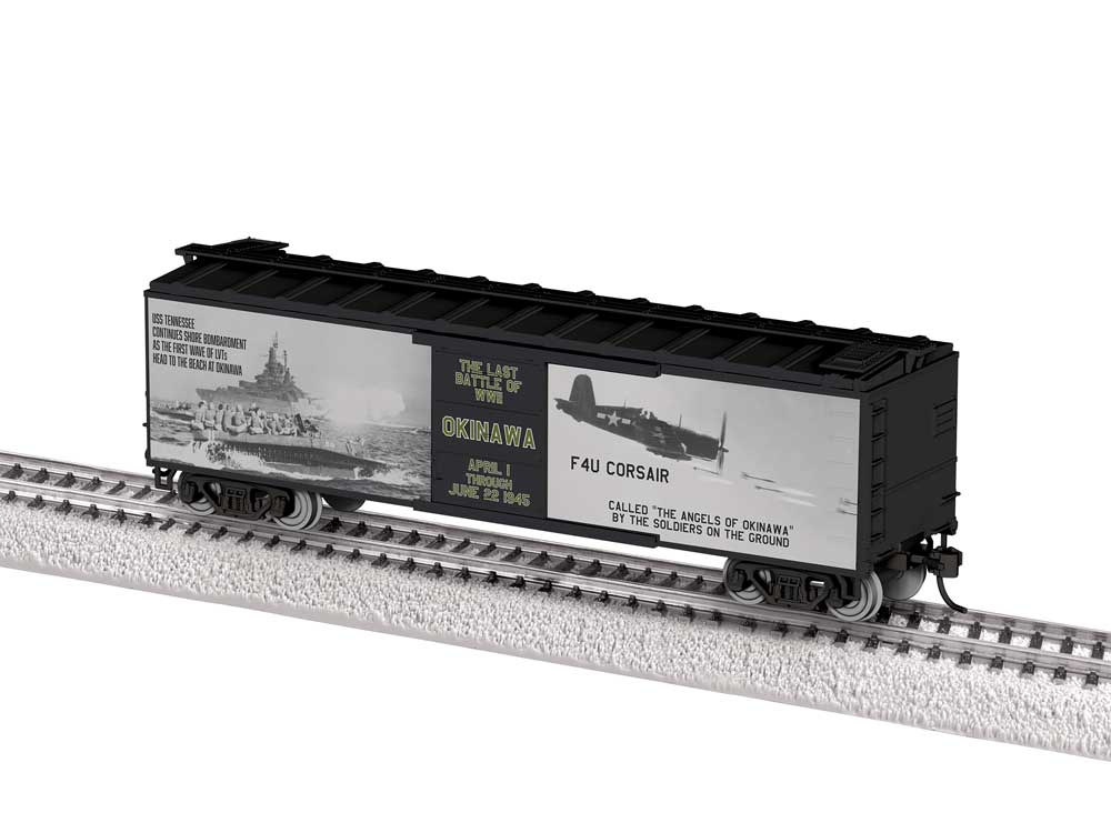 40' Steel Flat-End Boxcar - Ready to Run -- WWII Okinawa 80th Anniversary (black, white, gray)-1