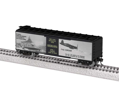 40' Steel Flat-End Boxcar - Ready to Run -- WWII Okinawa 80th Anniversary (black, white, gray)-1