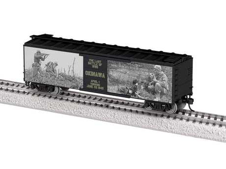 40' Steel Flat-End Boxcar - Ready to Run -- WWII Okinawa 80th Anniversary (black, white, gray)-2