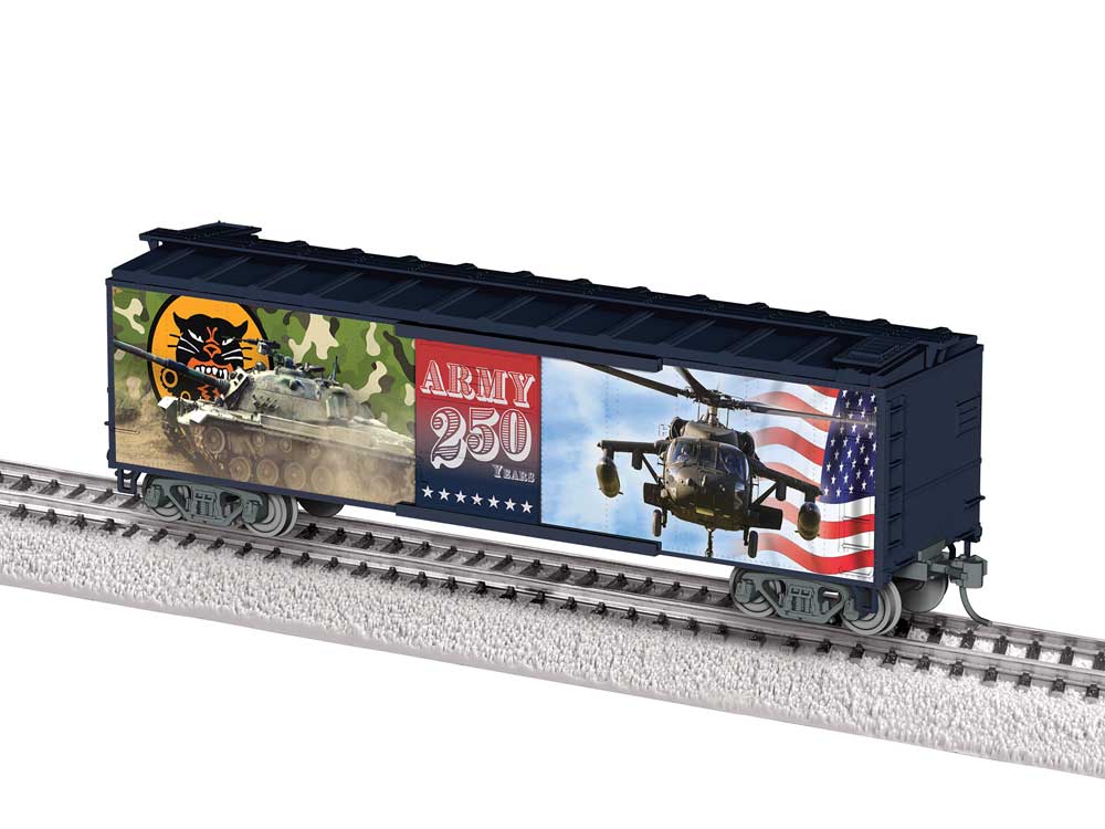 40' Steel Flat-End Boxcar - Ready to Run -- US Army 250th Anniversary (black, white, gray)-2