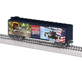 40' Steel Flat-End Boxcar - Ready to Run -- US Army 250th Anniversary (black, white, gray)-2