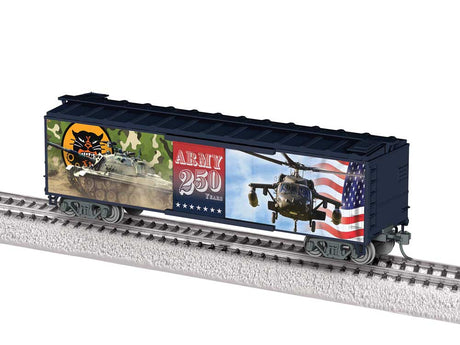 40' Steel Flat-End Boxcar - Ready to Run -- US Army 250th Anniversary (black, white, gray)-2
