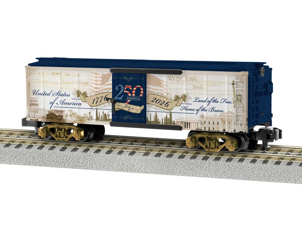 Steel Boxcar - Ready to Run - American Flyer(R) -- America 250 (white, blue, sepia graphics)