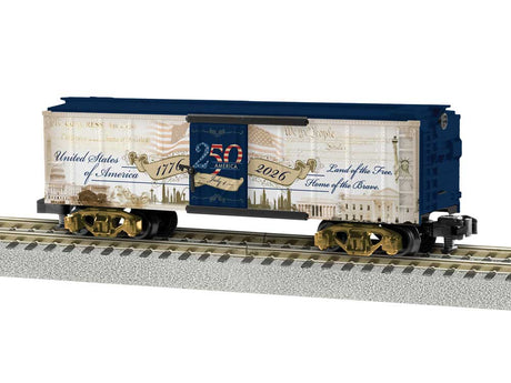 Steel Boxcar - Ready to Run - American Flyer(R) -- America 250 (white, blue, sepia graphics)