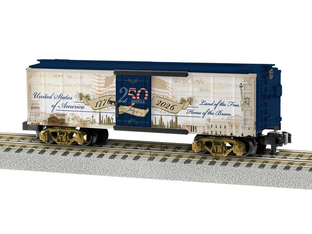 Steel Boxcar - Ready to Run - American Flyer(R) -- America 250 (white, blue, sepia graphics)
