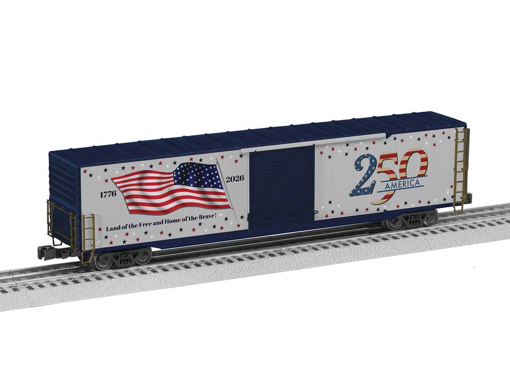 Pullman-Standard PS-1 60' Single-Door Boxcar with Lights - 3-Rail - Ready to R -- America 250 (gray, blue, red, white)