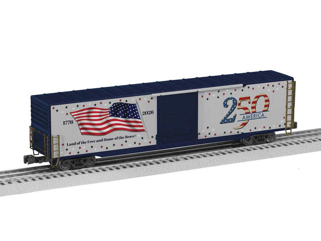 Pullman-Standard PS-1 60' Single-Door Boxcar with Lights - 3-Rail - Ready to R -- America 250 (gray, blue, red, white)