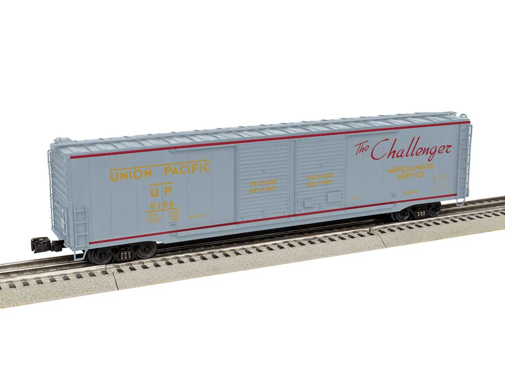 Pullman-Standard PS-1 60' Double-Door Boxcar - 3-Rail - Ready to Run -- Union Pacific #9196 (Fantasy gray, yellow, red, Challenger Scheme)
