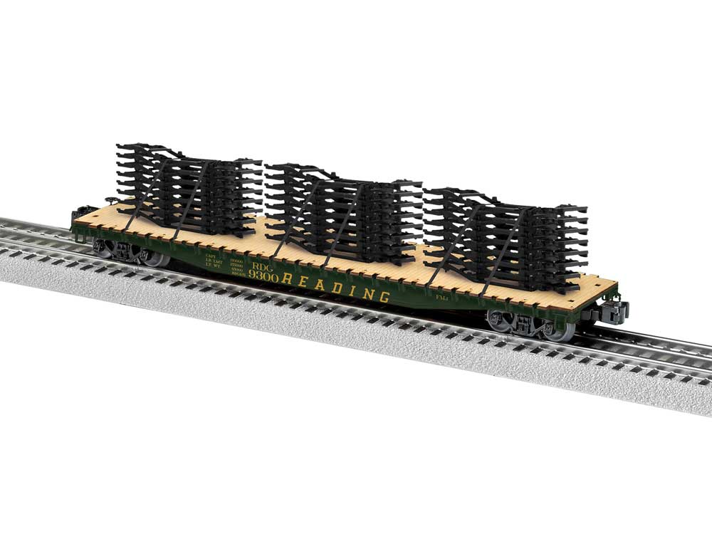 PS-4 50' Flatcar w/Auto Frame Load - 3-Rail - Ready to Run -- Reading #9300 (green, yellow)