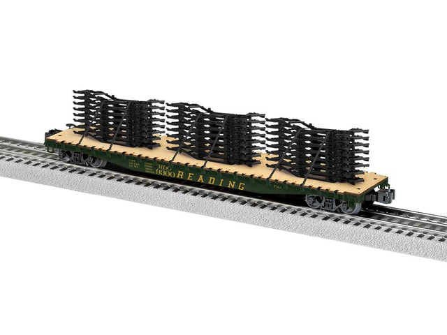 PS-4 50' Flatcar w/Auto Frame Load - 3-Rail - Ready to Run -- Reading #9300 (green, yellow)
