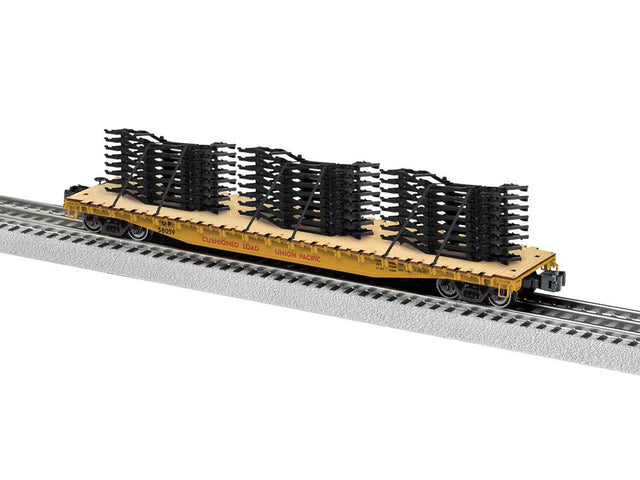 PS-4 50' Flatcar w/Auto Frame Load - 3-Rail - Ready to Run -- Union Pacific #58059 (Armour Yellow, red)