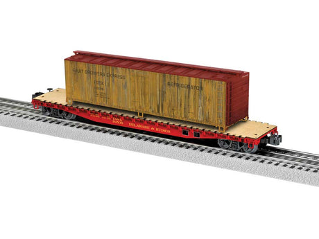 PS-4 50' Flatcar w/Wood Reefer Load - 3-Rail - Ready to Run -- Delaware & Hudson #16505 (red, yellow)