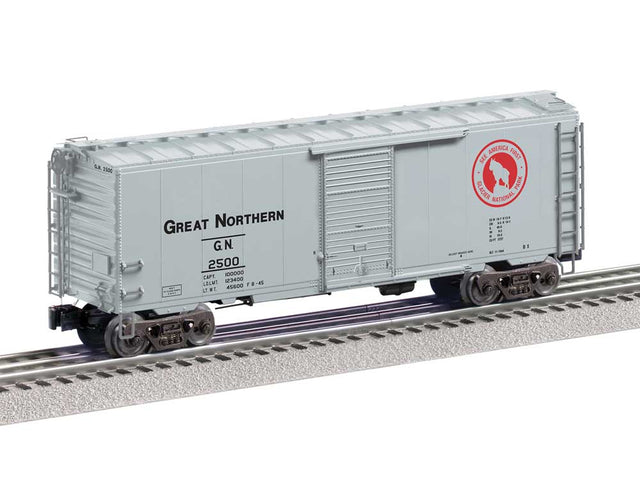 PS-1 Boxcar - 3-Rail - Ready to Run -- Great Northern #2500 (aluminum, black, red, See America First Logo)