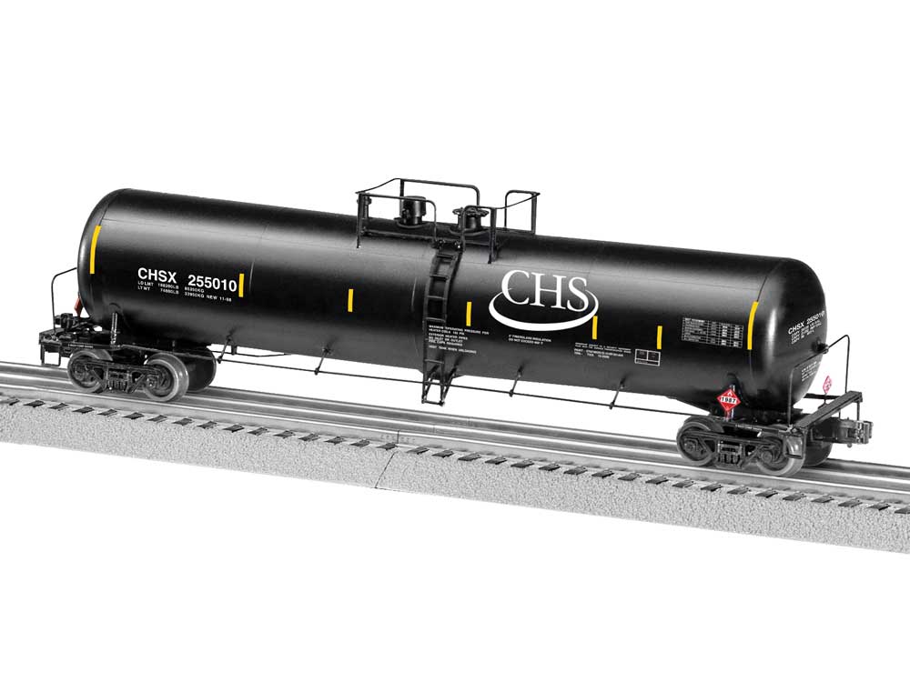 30,000-Gallon Tank Car - 3-Rail - Ready to Run -- CHS #255010 (black, white, yellow conspicuity marks)