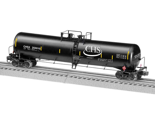 30,000-Gallon Tank Car - 3-Rail - Ready to Run -- CHS #255010 (black, white, yellow conspicuity marks)