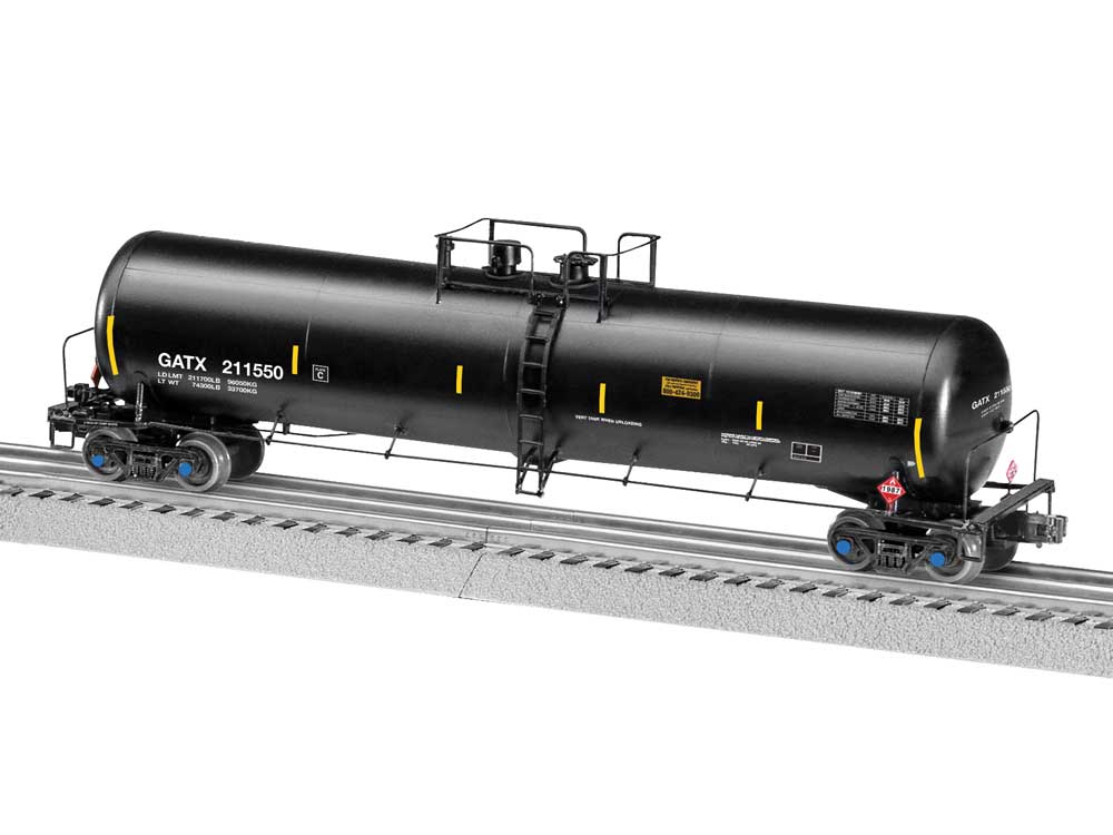 30,000-Gallon Tank Car - 3-Rail - Ready to Run -- GATX #211550 (black, white, yellow conspicuity marks)