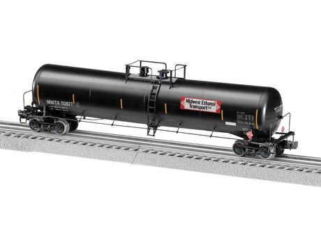 30,000-Gallon Tank Car - 3-Rail - Ready to Run -- Midwest Ethanol  MWTX #112677 (black, red,  white, yellow conspicuity marks)