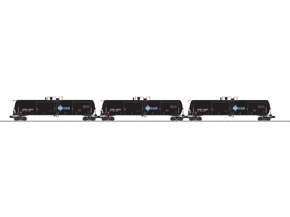 30,000-Gallon Tank Car - 3-Rail - Ready to Run - 3-Pack -- Archer-Daniels-Midland ADMX #29259, 29278, 29297 (black, blue, Molecule Logo