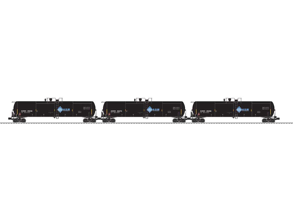 30,000-Gallon Tank Car - 3-Rail - Ready to Run - 3-Pack -- Archer-Daniels-Midland ADMX #29270, 29238, 29298 (black, blue, Molecule Logo