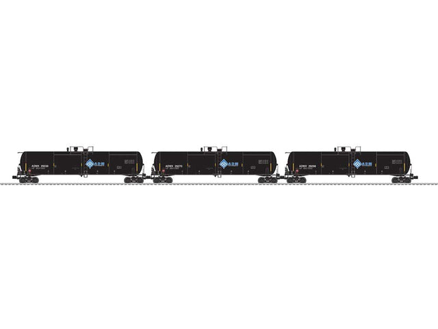 30,000-Gallon Tank Car - 3-Rail - Ready to Run - 3-Pack -- Archer-Daniels-Midland ADMX #29270, 29238, 29298 (black, blue, Molecule Logo
