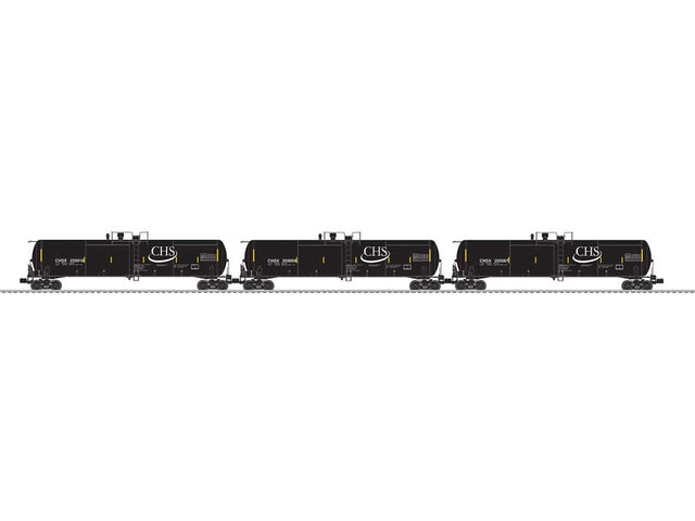 30,000-Gallon Tank Car - 3-Rail - Ready to Run - 3-Pack -- CHS #255018, 255059, 255067 (black, white, yellow conspicuity marks)