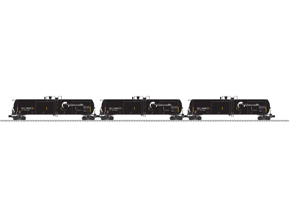 30,000-Gallon Tank Car - 3-Rail - Ready to Run - 3-Pack -- Global Ethanol TILX #192229, 192254, 192298 (black, white, yellow)