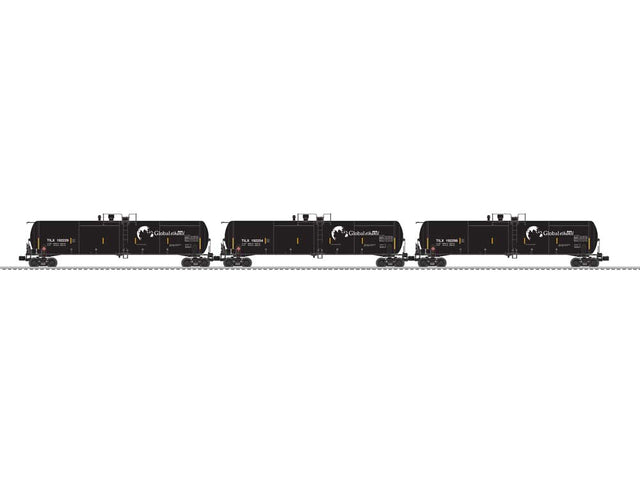 30,000-Gallon Tank Car - 3-Rail - Ready to Run - 3-Pack -- Global Ethanol TILX #192229, 192254, 192298 (black, white, yellow)
