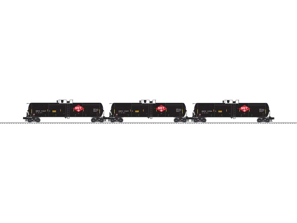 30,000-Gallon Tank Car - 3-Rail - Ready to Run - 3-Pack -- Midwest Ethanol  MET MWTX #112647, 112691, 112704 (black, red diamond,  whit