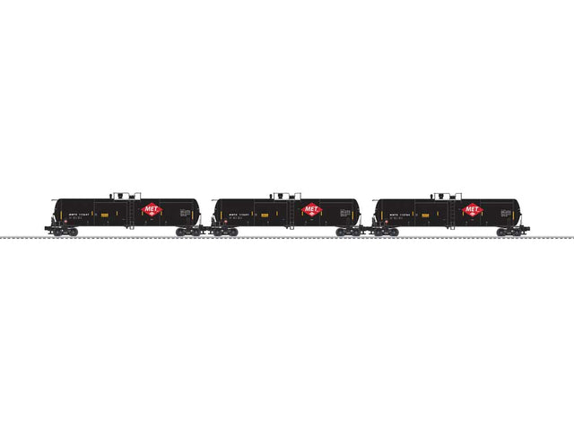 30,000-Gallon Tank Car - 3-Rail - Ready to Run - 3-Pack -- Midwest Ethanol  MET MWTX #112647, 112691, 112704 (black, red diamond,  whit