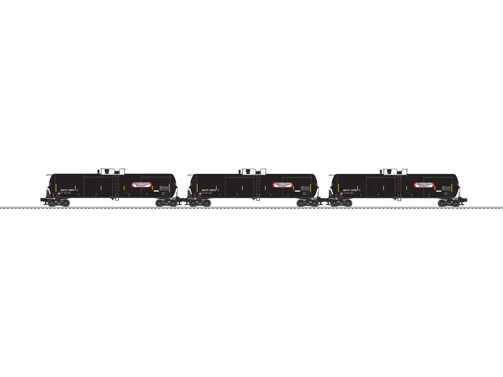 30,000-Gallon Tank Car - 3-Rail - Ready to Run - 3-Pack -- Midwest Ethanol  MWTX #112614, 112673, 112700 (black, red, white, yellow)