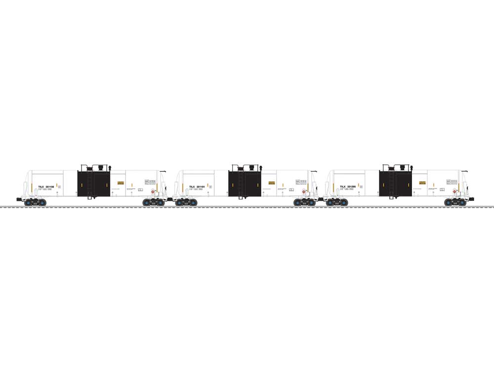 30,000-Gallon Tank Car - 3-Rail - Ready to Run - 3-Pack -- Trinity Industries Leasing TILX #351181, 351156, 351295 (white, black)