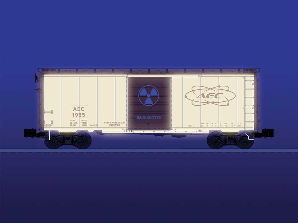 Steel Boxcar - 3-Rail - Ready to Run -- AEC #1955 (Glow in the Dark, white, red)-2