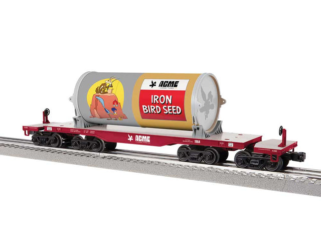 8-Axle Heavy-Duty Flatcar w/Canister Load - 3-Rail - Ready to Run -- Looney Tunes Acme Bird Seed #1964 (red)