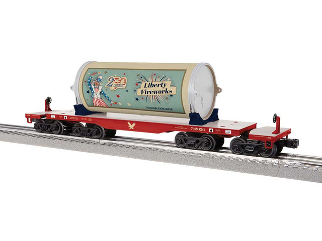 8-Axle Heavy-Duty Flatcar w/Canister Load - 3-Rail - Ready to Run -- America 250 #742026 (red, Liberty Fireworks Load)