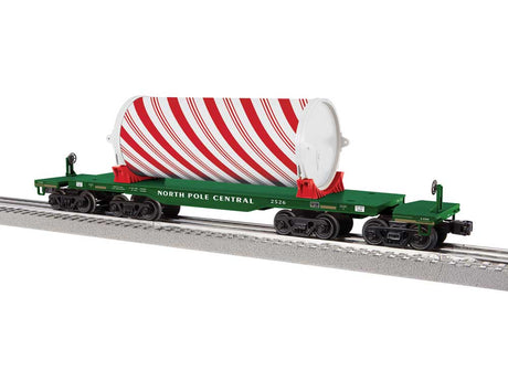 8-Axle Heavy-Duty Flatcar w/Canister Load - 3-Rail - Ready to Run -- North Pole Central Christmas #2526 (green, Peppermint Load)