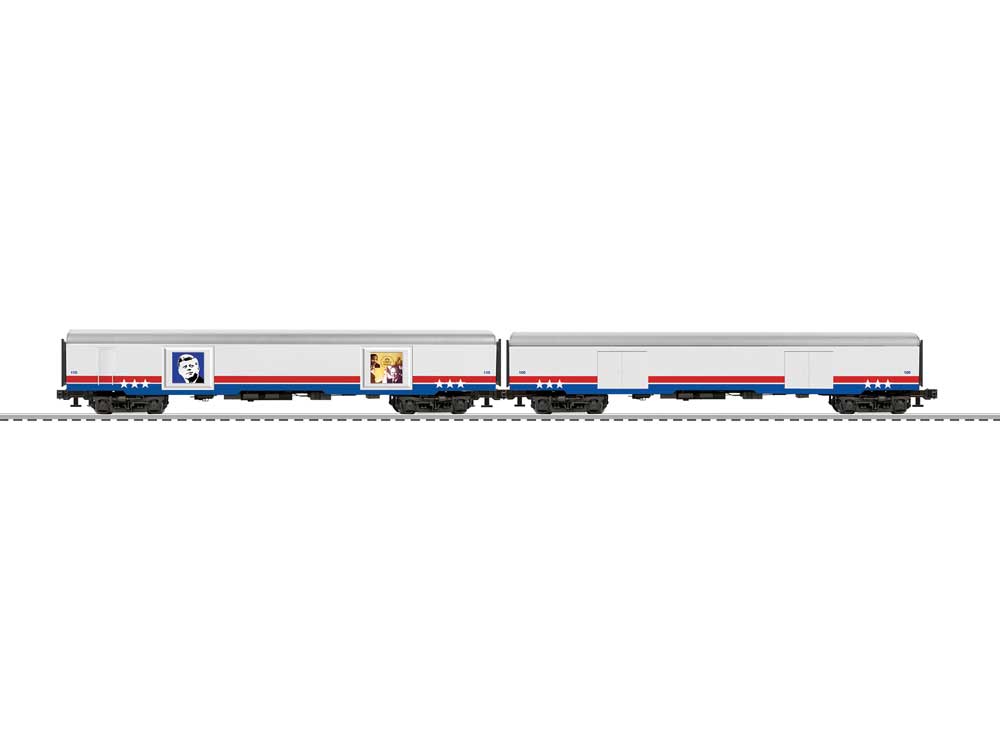 Display Car 2-Pack - 3-Rail - Ready to Run -- American Freedom Train Set D (white, red, blue)