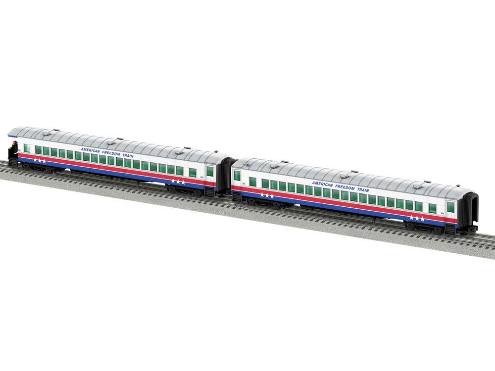 18" Streamlined Coach and Observation - 3-Rail - Ready to Run -- American Freedom Train (white, red, blue)-1