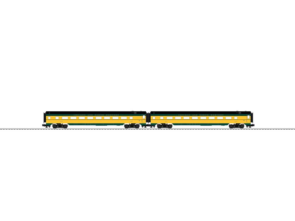 21" Streamlined Smooth-Side Coach 2-Pack - 3-Rail - Ready to Run -- Chicago & North Western #3434, 3446 (yellow, green, black)
